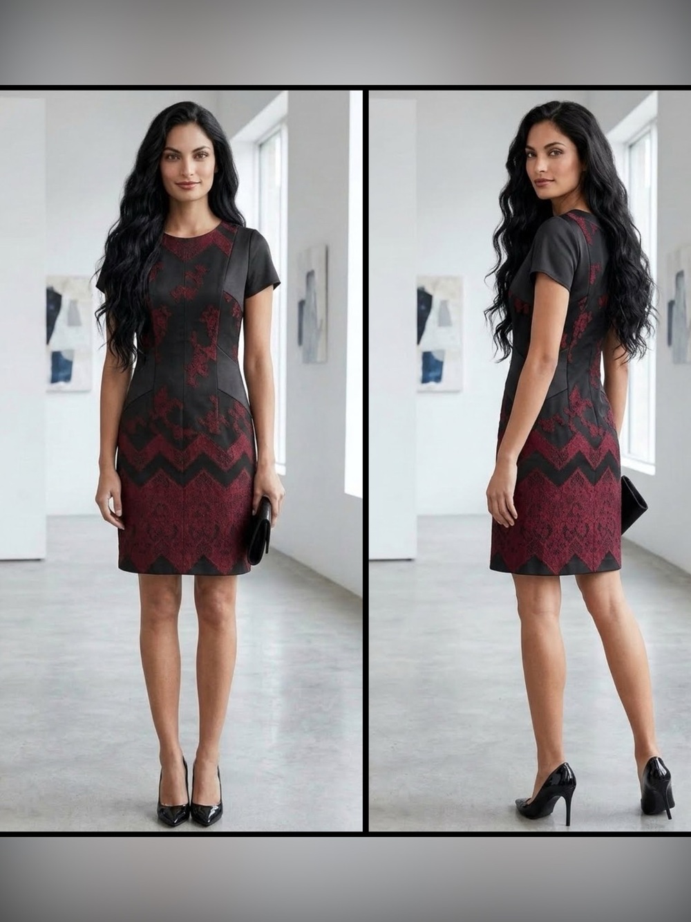 Halo Merlot Burgundy Red Chevron Jacquard Sheath Gorgic Glam Cap Sleeve Dress M